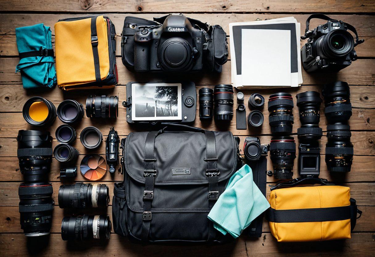 A visually striking composition of a DSLR camera surrounded by various photography gear like lenses, tripods, and filters, set against a blurred outdoor backdrop showcasing different lighting conditions. Include a well-used camera bag open with accessories spilling out, and a notepad with written tips on the side. Use warm, inviting colors to create an engaging atmosphere for photographers. super-realistic. vibrant colors. white background.