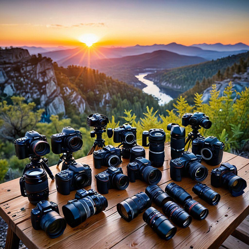 A visually striking composition featuring a diverse array of camera gear such as DSLRs, lenses, tripods, and drones, arranged artistically on an outdoor wooden table. In the background, a breathtaking landscape with a sunrise illuminating the scene, signifying the beauty of capturing moments. Soft, inviting lighting to enhance the focus on the gear and the serene backdrop. add a subtle lens flare effect to evoke a sense of creativity and inspiration. super-realistic. vibrant colors. natural setting.