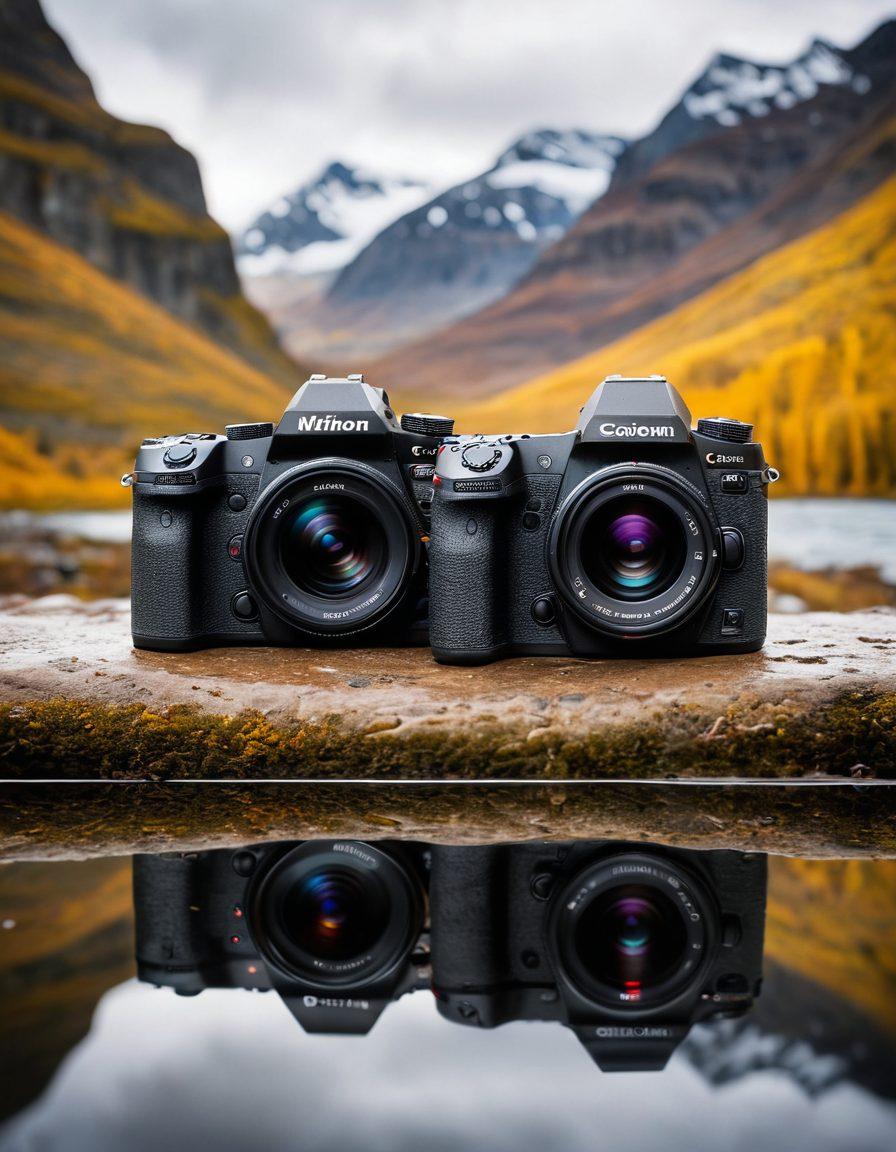 A visually striking split image showcasing a DSLR camera on one side with intricate details and a mirrorless camera on the opposite side featuring sleek, modern design elements. Include a background of a blurred outdoor photography scene to emphasize the comparison theme. Add subtle overlay text that reads 'DSLR vs Mirrorless' in a stylish font. Focus on vibrant colors and textures to make the cameras pop. super-realistic. vibrant colors.